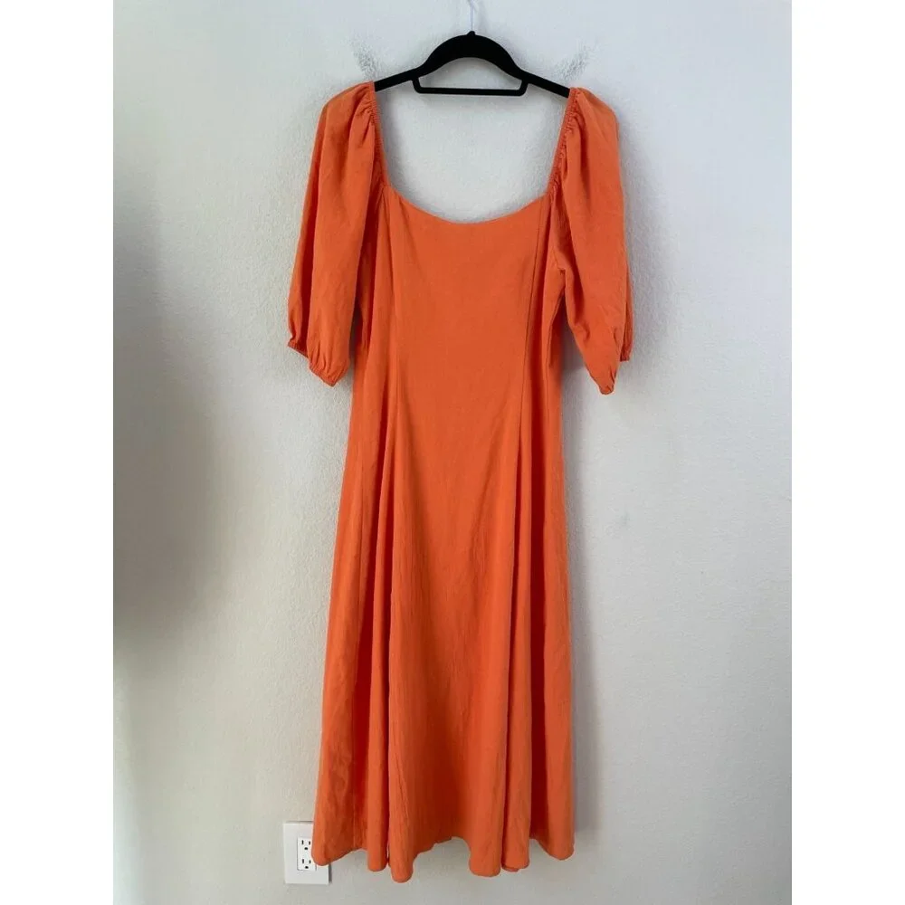 NEW $79 Urban Outfitters Womens Medium Orange Puff Sleeve Button‎ Up Midi Dress